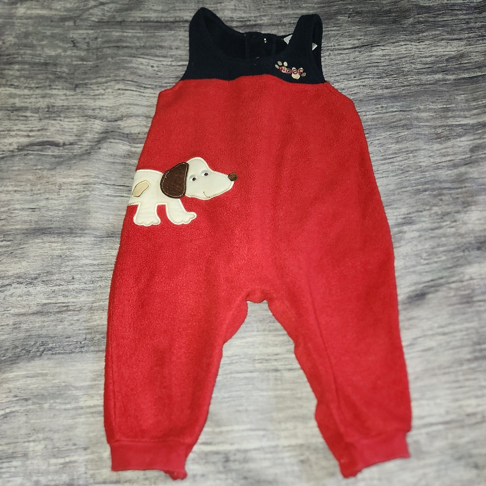 OshKosh B'gosh Red Fleece Dog Applique Overalls Jumper Baby 18 Months